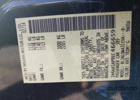 2014 Nissan Maxima 3.5 S/3.5 Sv from USA, damaged, VIN 1N4AA5AP9EC466659